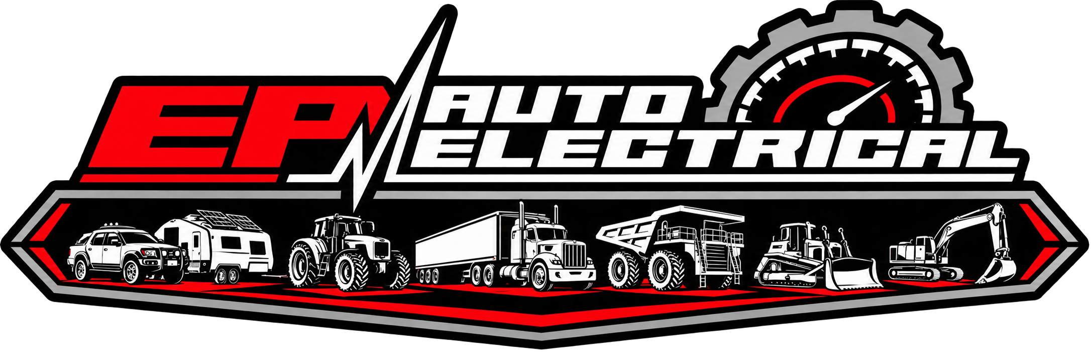 EP Auto Electrical logo featuring a 4WD and solar caravan, tractor, semi-trailer, mining haul truck, dozer and excavator